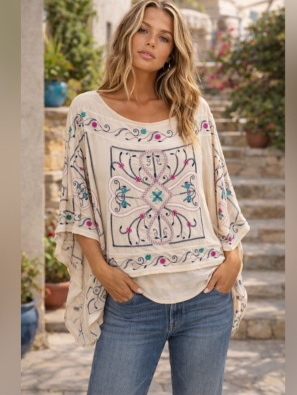 Chico's Cream Embroidered Floral Boho Blouse with Pink & Teal Accents - Picture 10 of 10